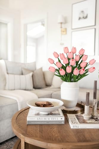 Image of 20 Pcs Baby Pink Tulips Artificial Flowers Real Touch Fake Tulips Fake Flowers for Mother's Day 13.5 inch Faux Tulips Faux Flowers Bulk Artificial Tulips Flowers for Vase Centerpieces Home Wedding Bouquet