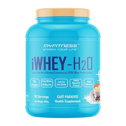 Image of Myfitness Whey Protein Isolate 500g | iWhey H2O | 88% Protein Per Serving | Added Colostrum | Added Digestive Enzymes | Whey Protein Powder (Cafe Paradise, 500g (20 servings))