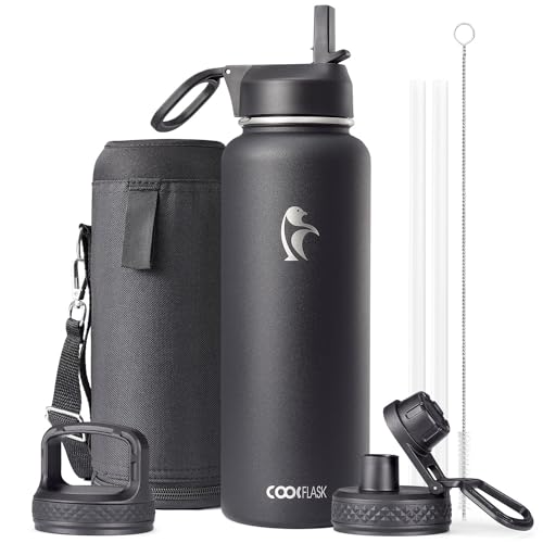 Water Bottle 1.2 L Insulated with Straw&Brush, Coolflask Vac...