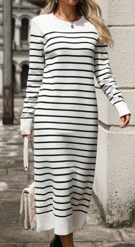 Women's Striped Sweater Dress Long Sleeve Crew Neck Jumper Pullover Dress Casual Knit Sweaters Maxi Dresses2