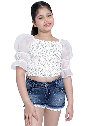Image of Natilene White Floral Print Square-Neck Ruched Cropped Blouson Top with Short Bishop Sleeves for Girls