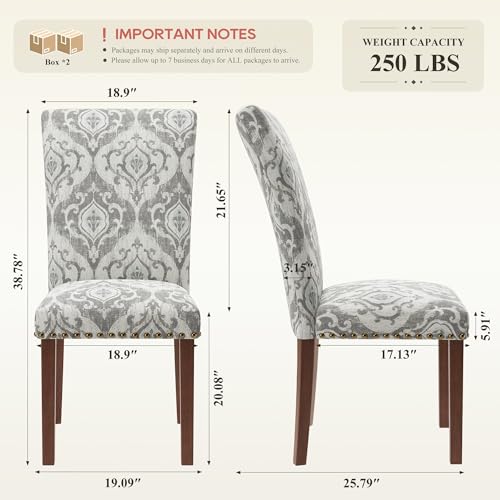 Image of COLAMY Upholstered Parsons Dining Chairs Set of 4, Fabric Dining Room Kitchen Side Chair with Nailhead Trim and Wood Legs - Grey /White Flower