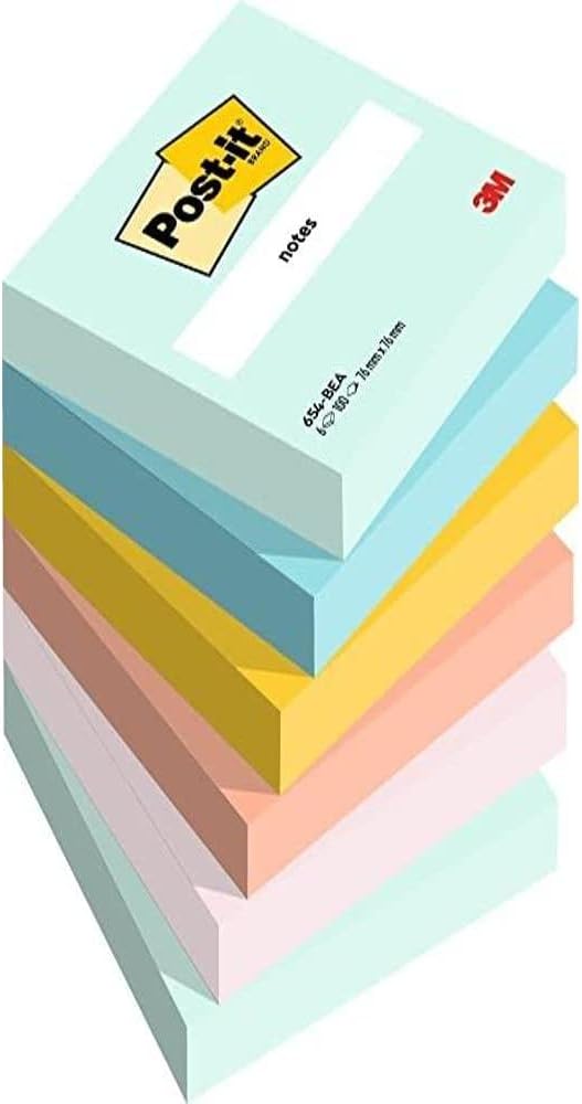 Post-it Notes Beach Color Collection, Pack of 6 Pads, 100 Sheets per Pad,76 mm x 76 mm, Green, Yellow, Orange, Blue, Pink - Self-Stick Notes for Note Taking, to Do Lists & Reminders