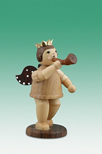 Ange de Noël en bois brut 6cm statuette ange musicien avec hifthorn et couronne pour crèche