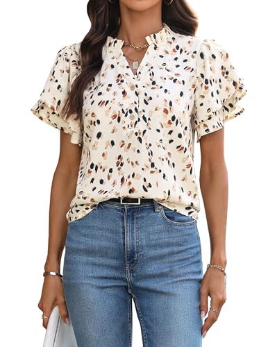 Womens Tops Dressy Casual Trendy Business Work Blouses Short Sleeve Ruffled V-Neck Tshirts