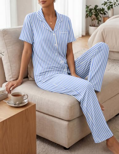 Image of Womens Pajamas Sets 2 Piece Button Up Pj Sets Short Sleeve with Long Pant
