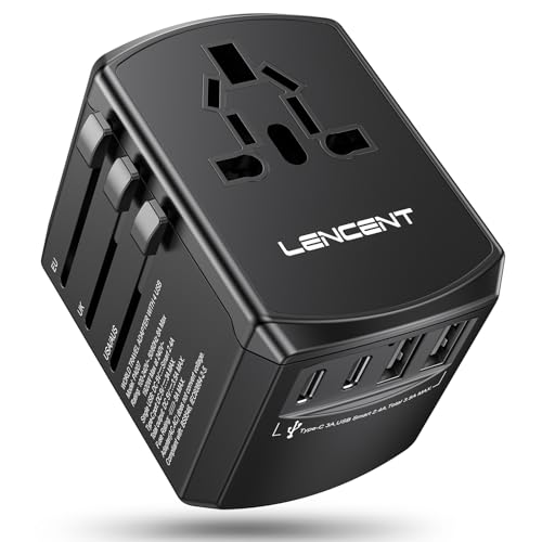 LENCENT Adaptador Enchufe de Viaje Universal, Cargador de Pared USB Internacional de 2 Puertos USB A y 2 Tipo C para EEUU/UK/EU/AUS Más de 200 Países para Teléfonos, Tabletas, Cámara y más, Negro