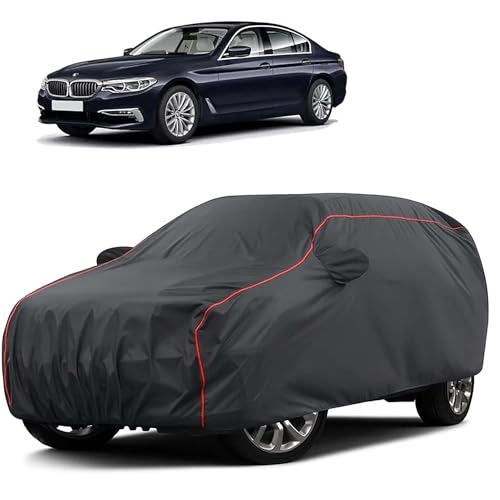 Image of Sulfar 100% Water Resistant Car Body Cover Compatible with Mirror for BMW 520D (Triple Stitched, Full Bottom Elastic, Dark Grey Taffeta with Red Piping)