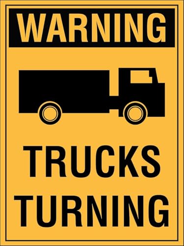 Warning Trucks Turning Safety Sign, Yellow and Black, Metal Tin Construction, 8x12 Inches, Industrial Traffic Caution Signage