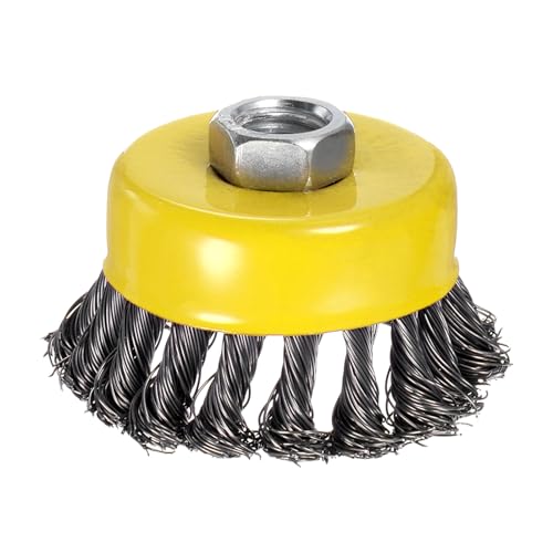 Image of Twisted Knotted Wire Cup Brush for Angle Grinder - [3 Inch] for Paint Stripping Cleaning Rust Duty Abrasive, 5 /8 Inch-11 Threaded Arbor, .020 Carbon Steel Wire, Yellow