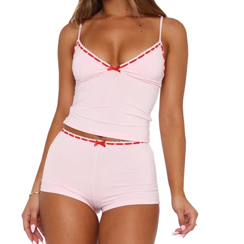 Edhomenn Women 2 Piece Pajamas Set Bow Decor V-Neck Sleeveless Cami Tops and Shorts Sleepwear Outfits Lounge Set (Pink, S)