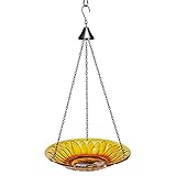 VIVOHOME Sunflower Hanging Bird Bath Glass Bowl with Metal Chain for Outdoors