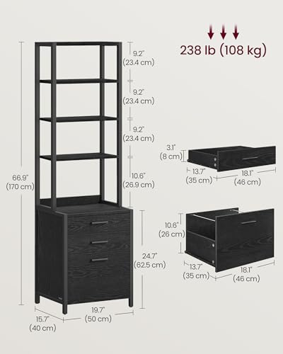 Image of VASAGLE File Cabinet, Home Office Filing Cabinet with Height-Adjustable Open Shelves, 3 Drawers, for A4, Letter-Size Hanging File Folders, Steel Frame, for Home Office, Ebony Black UOFC078B16