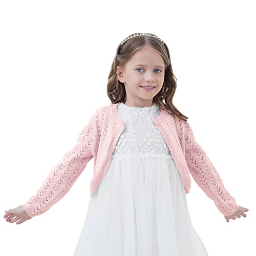 Girls Open Front Crochet Knit Bolero Shrug Kids Long Sleeve Button Down Cropped Cardigan Sweaters Cute Warm Knitwear For Dress,Light Pink,9-10 Years #TOP21