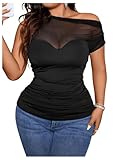 SOLY HUX Women's Plus Size Tops Sheer Mesh Off Shoulder Short Sleeve Ruched Tee Summer T Shirts Plain Black 2XL
