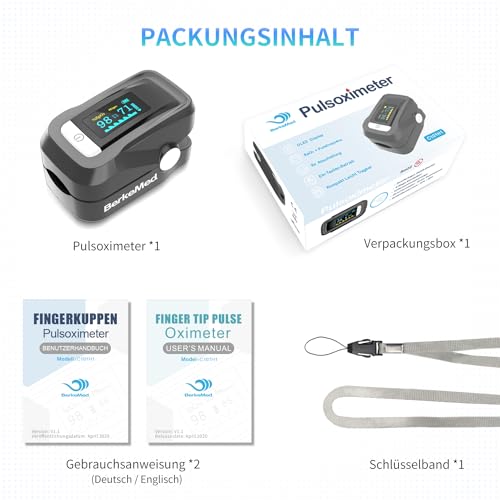 BerkeMed pulsoximeter,Sauerstoffsättigung Messgerät Finger,with OLED Screen and Lanyard,for Children, Adults, Elderly, Families and Hospitals