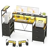 MUTUN 160cm Computer Desk with Printer Stand and Storage Shelves, Reversible Home Office Desk with Fabric Drawers and Monitor Shelf, Writing Work Desk for Bedroom Living Room Study, Black