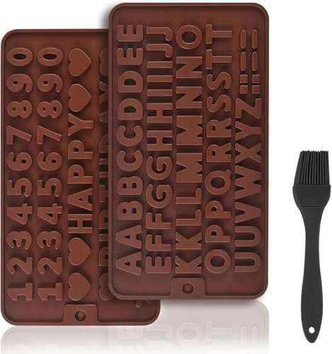 KQDRAVINE 3 moldes de chocolate de silicona con pincel de aceite de silicona, molde de letras con números de chocolate, molde para hacer letras para hacer chocolate, dulces caseros