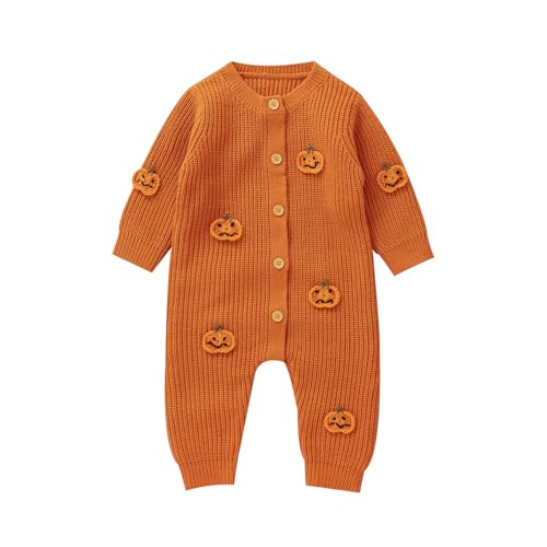 WERNZATT Baby Boys Girls Halloween Outfit Newborn One Piece Long Sleeve Round Neck Pumpkin Embroidery Jumpsuits Fall Clothes (Orange, 3-6 Months)