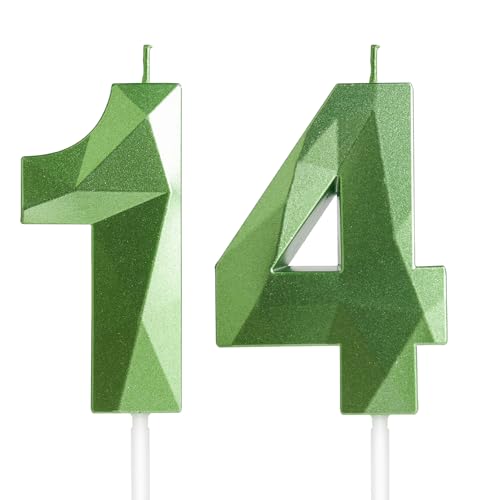 Yiran Velas de Cumpleaños 14 Años Verde, Decoraciones para Niños y Niñas, Número 14 3D para Tarta, Topper de Vela Verdes de Hierba, Suministros para Fiestas, Bodas y Aniversarios