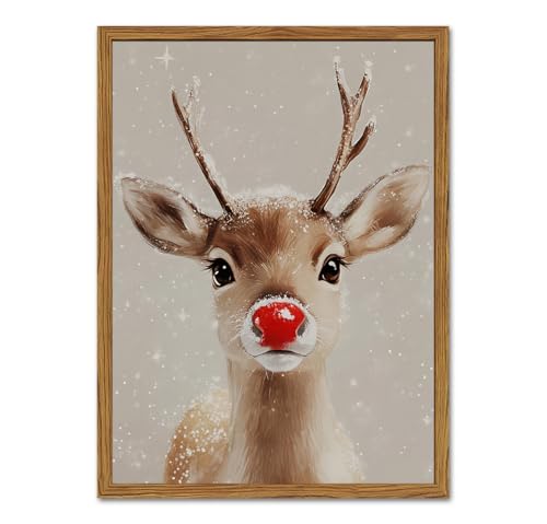 Framed Christmas Wall Art, Vintage Red Nose Reindeer Canvas Wall Decor Paintings, Rustic Winter Cute Deer Pictures Prints Farmhouse Home Decoration for Living Room Bedroom 12×16 inch
