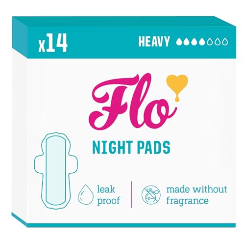 Flo - Night Menstrual Pads (14 Pack) - Organic Bamboo Period Pads for Women - Heavy Flow - Leak Locking - Winged, Ultra-Thin - Absorbent, Soft & Breathable - Plant Based – Vegan, Cruelty Free
