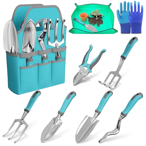 ERFEI Garden Tools Set 9 Pcs, Stainless Steel Heavy Duty Gardening Tools with Non-Slip Rubber Grip, Storage Tote Bag, Gardening Supplies Set Ideal Garden Gift for Women and Men