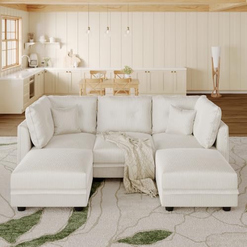 Image of LLappuil Modular Sectional Sofa with Storage, U-Shaped 5-Seat Corduroy Couch with 5 Throw Pillows, Pet-Friendly Convertible Sofa for Small Space, Skin-Friendly, Beige