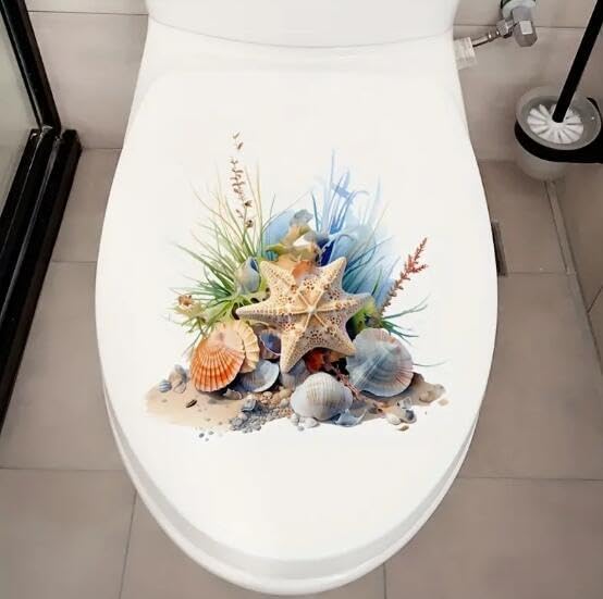 Ocean Shell Starfish Coral Toilet Cover Sticker Decals Waterproof Toilet Lid Tank Seat Decals Cistern Self-Adhesive Bathroom Wall Sticker