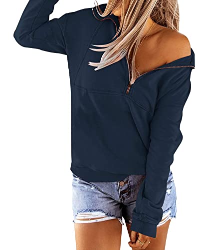 Floral Find Women's Long Sleeve Lapel Half Zip Up Sweatshirt Solid Stylish Loose Fit Casual Pullover Tops (Navy Blue, X-Large) #TOP1
