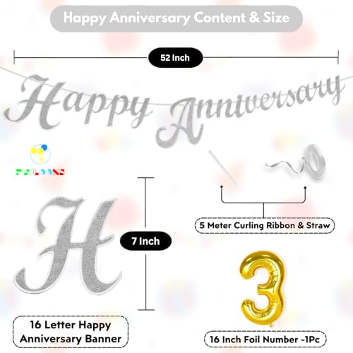 Image of Flyloons 3rd Happy Anniversary Banner Silver Decorations Kit for Men Women Wedding Anniversary Banner Items without Balloons