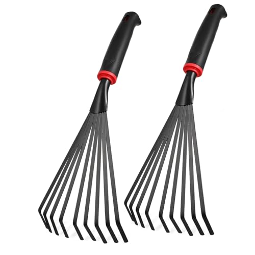 DOITOOL 2 Piezas Rastrillo de Jardín Pequeño de Hierro con Mango Ergonómico para Maleza Herramientas de Mano Resistentes y Fáciles de Usar para Jardinería y Césped