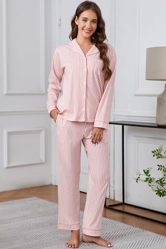 Image of LUBOT 100% Cotton Pajamas for Women Pajama Set Soft 2 Piece Sleepwear PJ Set Long Sleeve Knit Button Cozy Loungewear XS-XXL