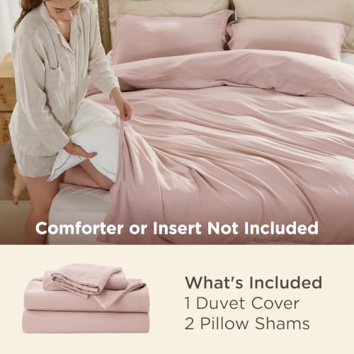 Image of Bedsure Prewashed Duvet Cover Queen, Cotton-Like Bedding Set, Rose Pink | Ultra Soft, Relaxed Texture, 90 inchx90 inch Breathable Comfort, Hidden Zipper, 8 Corner Ties, Easy Care, OEKO-TEX, Year-Round Use