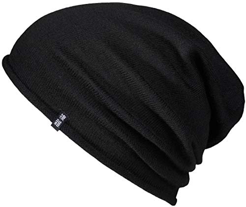 Enter the Complex Leichte Merino Mütze Einlagig Gestrickte Slouch Beanie 100% Merino Wolle Damen und Herren Schwarz