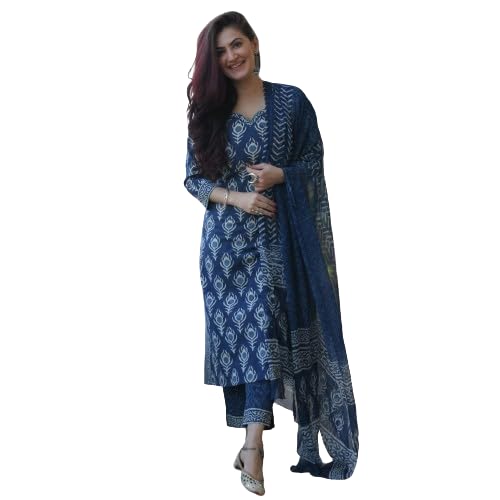 Image of Indigo Blue Printed Cotton Kurta Set with Dupatta, Ethnic Indian Wear