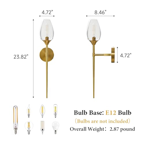 Image of Set of 2 Gold Glass Wall Sconce Light,Vanity Light with Flower Shade | Decorative Wall Sconces Lights over Mirror,Indoor Brass Bathroom Vintage Vanity Lighting for Bedroom Living Room