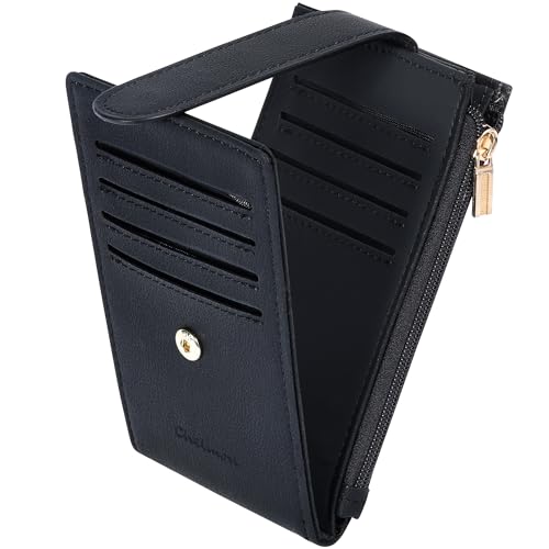 Image of Chelmon Women's RFID Slim Card Holder Wallet | Thin Bifold Multi Card Case with Zipper Coin Pocket Purse for Women(Black Smooth)