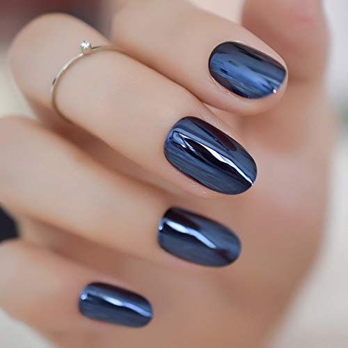 CoolNail Metallic Mirror Bright Blue Gray False Nail Mix Blue Metal Oval Round Fake Nails Manicure Full Nails Art Tips