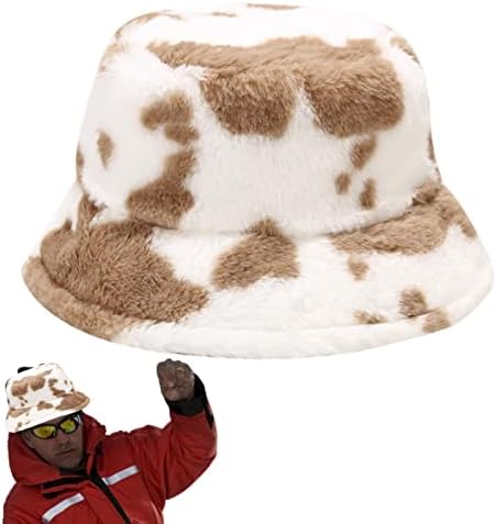 Furry Bucket Hat | Fluffy Warm Hat For Women - Winter Faux Fur Bucket Hat Cow Printed For Spring, Autumn, And Winter Everyday Wear For Parties, Outdoor Activities, Skiing, Hiking