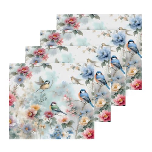 YANENDIE Birds and Flower Washcloths Towels, Highly Absorbent and Soft Cotton Face Cloths, 4 Pack Quick Dry Wash Cloths - 12 X 12 Inches