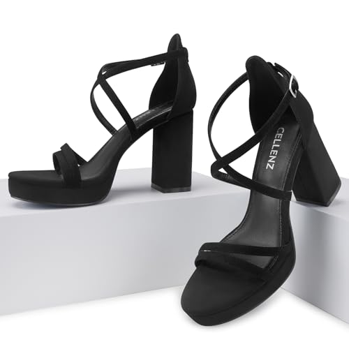 Image of CELLENZ Women Strappy Platform Heels: 3.4 Inch Chunky Heeled Sandals, Comfortable Sexy Block High Heels, for Prom Party Bridal Wedding Black White Silver Nude Dressy Shoes