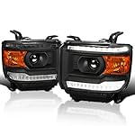 Spec-D Tuning Black Housing Clear Lens Projector Headlights w/LED Compatible with 2014-2018 GMC Sierra 1500 2500 3500 Base/Denali/SLE/SLT Left + Right Pair Headlamps Assembly