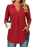 Bulotus Womens Blouses Dressy Casual, Womens Tunic Tops to Wear with Leggings Red Tops for Women 3/4 Sleeve Shirts Collared V Neck Blouses Loose Fit Cute Shirts, Red, XL
