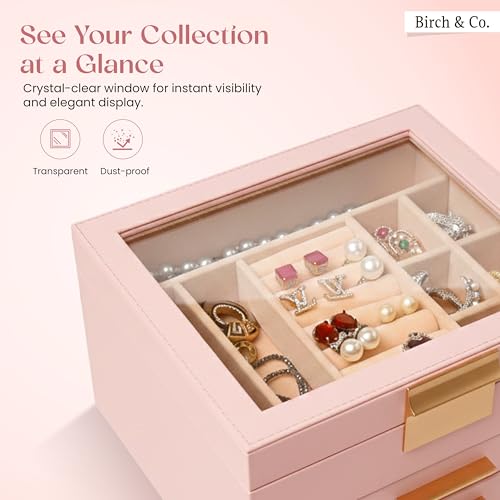 Image of Birch & Co. Jewellery Box - 3 Layer Jewellery organizer storage box, Portable Travel-Friendly Storage. Elegant Super Premium Storage Case for Rings, Earrings, Necklaces & Bracelets, Blush