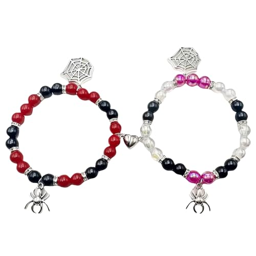 2-Pack Spider Friendship Bracelets for Couples, Halloween Jewelry Gift - Stretchable Adjustable Crystal Bead Bracelet with Heart Charm, Love Promise Bracelet for Him Her Best Friend