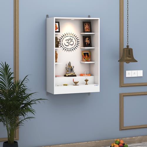 Image of Anikaa Niketana Wooden Wall Mount Mandir for Home | Pooja Temple with LED Light, Om Back Panel & 6 Shelves | Hindu Wooden Temple for Home & Office Decoration | White (DIY), Size(32x20x8 Inches)