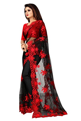 BARKIYA CREATION Women's Embroidered Work Net Saree With Unstitch Blouse Piece.