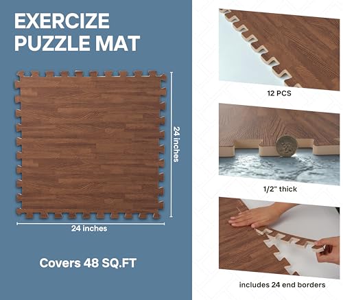 Image of Art3d 48 Sq.Ft Eva Puzzle Exercise Mats, 24 inchx24 inch x 1 /2 inch Thick Foam Interlocking Tiles for Flooring, Workout, Gym Equipments, Pack of 12, Dark Walnut