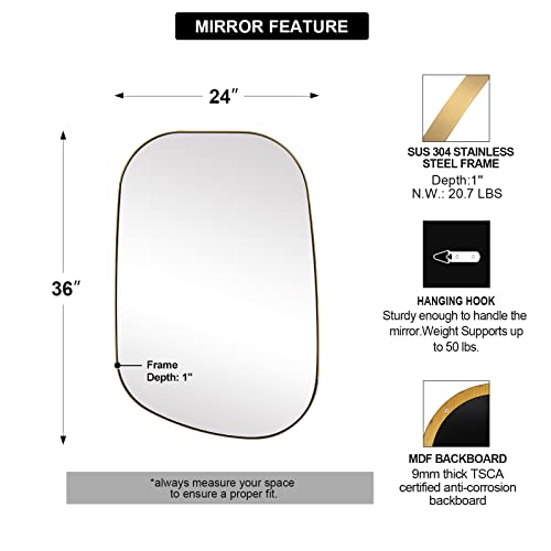 Andy Star Irregular Mirror Asymmetrical Mirror For Wall 24X36” Brushed Gold Bathroom Mirror, Modern Wall Mirror For Living Room Bathroom Vanity Framed Mirror Artistic Mirror 1” Deep Set Design #TOP4